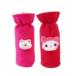 soft plush stretchable baby feeding bottle cover easy to hold strap with cute animated cartoon suitable for 130-250 ml feeding bottledark pink-dark red