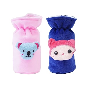 soft plush stretchable baby feeding bottle cover easy to hold strap with cute animated cartoon suitable for 60-125 ml feeding bottledark blue-light pink