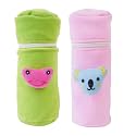 Soft Plush Stretchable Baby Feeding Bottle Cover Easy to Hold Strap and Zip | Suitable for 130 ML-250 ML Feeding Bottle-Green-Light Pink