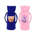 Soft Plush Stretchable Baby Feeding Handle Bottle Cover with Animated Cartoon Design &amp; Easy to Hold Strap for Newborn Babies, Suitable for 125-250 ML Bottle (Pack of 2, Blue, Baby Pink)