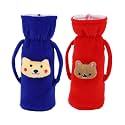 Soft Plush Stretchable Baby Feeding Handle Bottle Cover with Animated Cartoon Design &amp; Easy to Hold Strap for Newborn Babies, Suitable for 125-250 ML Bottle (Pack of 2, Blue, Red)