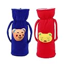 Soft Plush Stretchable Baby Feeding Handle Bottle Cover with Animated Cartoon Design &amp; Easy to Hold Strap for Newborn Babies, Suitable for 125-250 ML Bottle (Pack of 2, Blue, Rani)