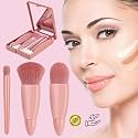 DABRY Mini Makeup Brushes Kit, 5-in-1 Travel Cosmetic Brush Set with Compact Mirror, Portable Foundation Blush Eyeshadow Brushes, Pink