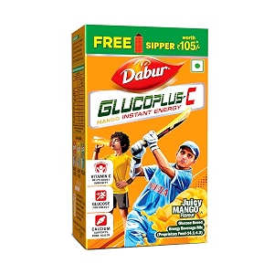 dabur glucoplus-c instant energy glucose juicy amp tasty mango flavour - 500g with sipper free  glucose replenishes energy  mango flavoured glucose in every sip  vitamin c helps boosts immunity  calcium supports bone health