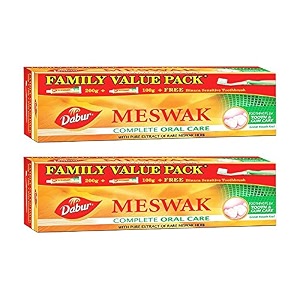 dabur meswak complete oral care toothpaste with toothbrush - 600g 300gx2 pack of 2  for tooth decay prevention stain removal cavity protection tartar control gum protection plaque removal anti-bacterial