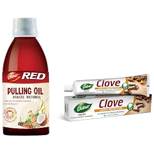 dabur red pulling oil  ayurvedic mouthwash kavala gandusha therapy 195 ml  oil pulling for oral detox for teeth and gums amp herb39l clove - cavity protection toothpaste 200 g