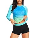 Daci Women Two Piece Rash Guard Long Sleeve Swimsuits UV UPF 50+ Swim Shirt Bathing Suit with Boyshort Bottom