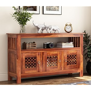 sheesham wood crockery cabinet with 3 doors and versatile storage for living room wooden kitchen cabinet with 3 shelves and 3 door storage honey-cnc