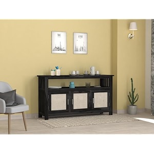 sheesham wood crockery cabinet with 3 ratan cane doors and versatile storage for living room wooden kitchen cabinet with 3 shelves and 3 door storage walnut-cane