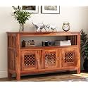 Sheesham Wood Crockery Cabinet with 3 Doors and Versatile Storage for Living Room. Wooden Kitchen Cabinet with 3 Shelves and 3 Door Storage. (Honey-CNC)