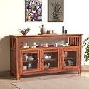 Sheesham Wood Crockery Cabinet with 3 Glass Doors and Versatile Storage for Living Room. Wooden Kitchen Cabinet with 3 Shelves and 3 Door Storage. (Honey)
