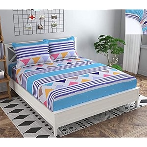dahlia elastic fitted glace cotton double bedsheet78x72x upto 6 inches with 2 pillow covers-200tc triangle multi color