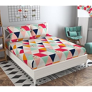 dahlia elastic fitted glace cotton double bedsheet78x72x upto 6 inches with 2 pillow covers-200tc triangle red color