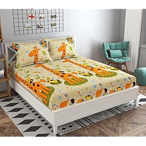 dahlia elastic fitted glace cotton queen size 78x72x upto 6 inches bedsheet with 2 pillow covers-200tc giraffe yellow color
