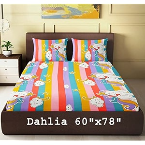 dahlia elastic fitted glace cotton queen size 78x60x upto 8 inches bedsheet with 2 pillow covers-200tc unicorn multi color