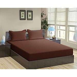 dahlia elastic fitted glace cotton queen size 78x72x upto 6 inches bedsheet with 2 pillow covers-200tc striped brown color