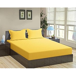 dahlia elastic fitted glace cotton queen size 78x72x upto 6 inches bedsheet with 2 pillow covers-200tc striped yellow color