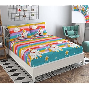 dahlia elastic fitted glace cotton queen size 78x72x upto 6 inches bedsheet for kids with 2 pillow covers-200tc multicolor