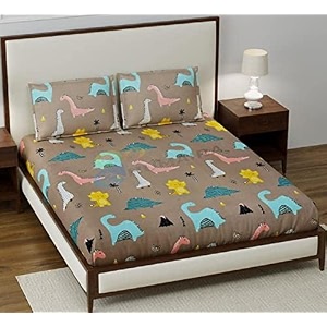 dahlia elastic fitted glace cotton queen size 78x72x upto 6 inches bedsheet for kids with 2 pillow covers-200tc grey dino