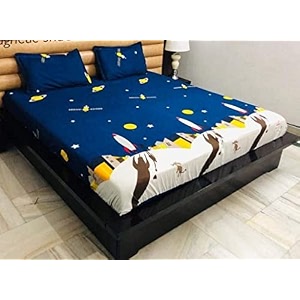 dahlia elastic fitted glace cotton queen size 78x72x upto 6 inches bedsheet for kids with 2 pillow covers-200tc blue rocket