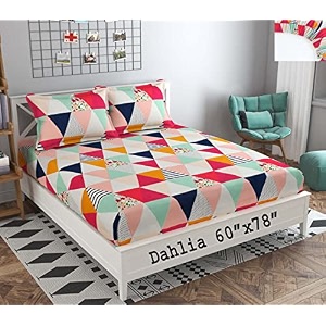 dahlia elastic fitted glace cotton queen size 78x60x upto 8 inches bedsheet with 2 pillow covers-200tc triangle red color