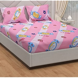 dahlia elastic fitted glace cotton single bed 72x48x upto 6 inches bedsheet with 1 pillow covers-200tc candy pinkcolor
