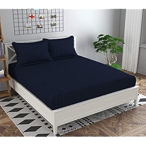 dahlia elastic fitted glace cotton queen size 78x72x upto 6 inches bedsheet with 2 pillow covers-200tc striped blue color
