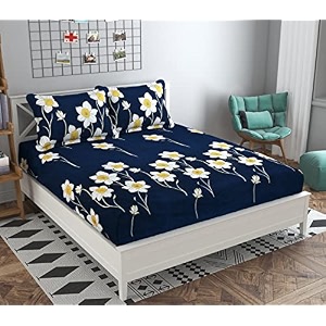 dahlia elastic fitted glace cotton queen size 78x72x upto 6 inches bedsheet with 2 pillow covers-200tc blue color