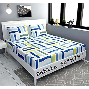 dahlia elastic fitted glace cotton queen size 78x60x upto 8 inches bedsheet with 2 pillow covers-200tc line multicolor