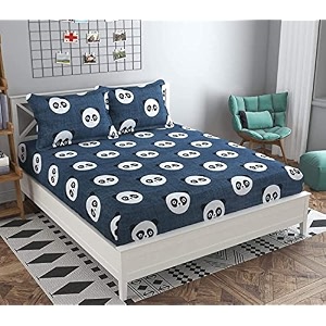 dahlia elastic fitted glace cotton queen size 78x72x upto 6 inches bedsheet with 2 pillow covers-200tc panda black color
