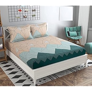 dahlia elastic fitted glace cotton queen size 78x72x upto 6 inches bedsheet with 2 pillow covers-200tc pastel green color