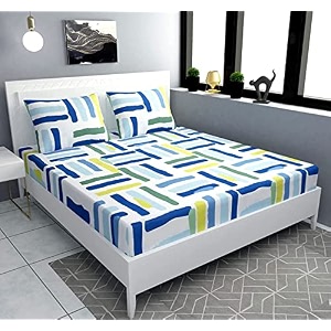 dahlia elastic fitted glace cotton queen size 78x72x upto 6 inches bedsheet with 2 pillow covers-200tc line multicolor