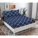 Dahlia Elastic Fitted Glace Cotton Queen Size (78x72x Upto 6 Inches) Bedsheet with 2 Pillow Covers-200TC (Line, Blue Color)