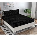 Dahlia Elastic Fitted Glace Cotton Queen Size (78x72x Upto 6 Inches) Bedsheet with 2 Pillow Covers-200TC (Striped, Black Color)