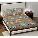 Dahlia Elastic Fitted Glace Cotton Queen Size (78x72x Upto 6 Inches) Bedsheet for Kids with 2 Pillow Covers-200TC (Grey Dino)