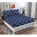 Dahlia Elastic Fitted Glace Cotton Queen Size (78x60x Upto 8 Inches) Bedsheet with 2 Pillow Covers-200TC (Line, Blue Color)