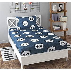 dahlia elastic fitted glace cotton single bed 72x48x upto 6 inches bedsheet with 1 pillow covers-200tc panda black color