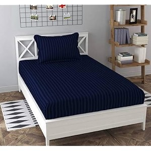 dahlia elastic fitted glace cotton single bed 72x48x upto 6 inches bedsheet with 1 pillow covers-200tc striped bluecolor