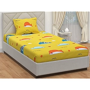 dahlia elastic fitted glace cotton single bed 72x48x upto 6 inches bedsheet with 1 pillow covers-200tc striped blackcolor