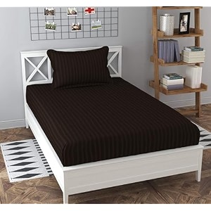 dahlia elastic fitted glace cotton single bed 72x48x upto 6 inches bedsheet with 1 pillow covers-200tc striped browncolor