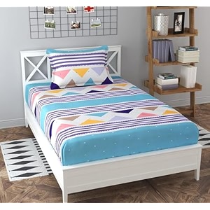dahlia elastic fitted glace cotton single bed 72x48x upto 6 inches bedsheet for kids with 1 pillow covers-200tc triangle multi color