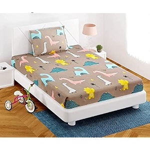 dahlia elastic fitted glace cotton single bed 72x48x upto 6 inches bedsheet for kids with 1 pillow covers-200tc dino brown color