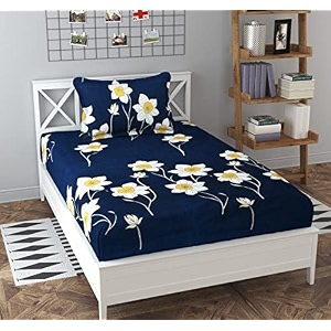 dahlia elastic fitted glace cotton single bed 72x48x upto 6 inches bedsheet with 1 pillow covers-200tc surajmukhi blue color