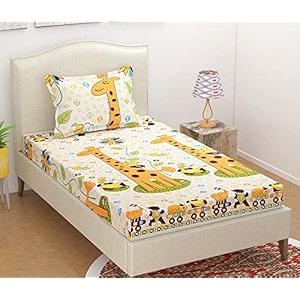 dahlia elastic fitted glace cotton single bed 72x48x upto 6 inches bedsheet for kids with 1 pillow covers-200tc giraffe yellow color