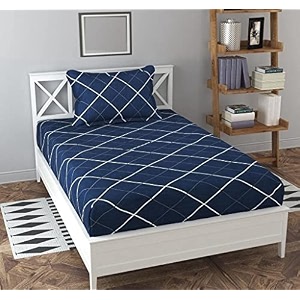 dahlia elastic fitted glace cotton single bed 72x48x upto 6 inches bedsheet with 1 pillow covers-200tc line blue color small_single