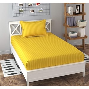 dahlia elastic fitted glace cotton single bed 72x48x upto 6 inches bedsheet with 1 pillow covers-200tc striped yellowcolor