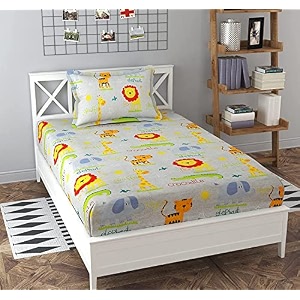 dahlia elastic fitted glace cotton single bed 72x48x upto 6 inches bedsheet for kids with 1 pillow covers-200tc lion brown color
