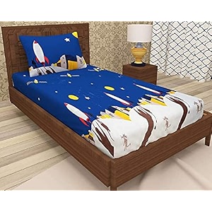 dahlia elastic fitted glace cotton single bed 72x48x upto 6 inches bedsheet for kids with 1 pillow covers-200tc rocket blue color