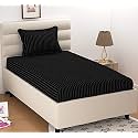 Dahlia Elastic Fitted Glace Cotton Single Bed (72x48x Upto 6 Inches) Bedsheet with 1 Pillow Covers-200TC (Striped, Blackcolor)