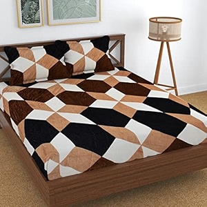 dahlia fleece fitted warm bedsheets for double bed 72x78x upto 8 inches with 2 pillow covers football brown color